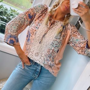Lucy & Laurel | Boho Blouse Top  | Crochet Lace Multi Color